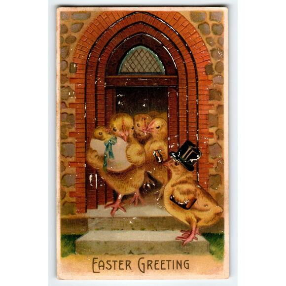 Vintage Embossed Easter Postcard with Dressed Chicks and Top Hat, Germany 1908 - Picture 1 of 2